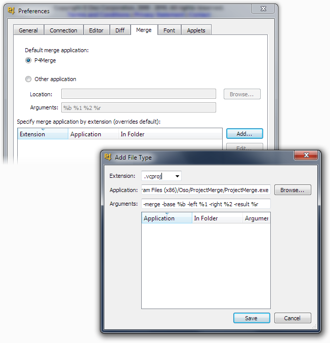 The P4V Add File Type Dialog showing the settings for Project: Merge filled in.